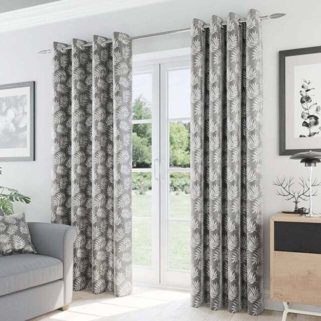 Enhanced Living Oakland Grey Leaf Print Blackout Eyelet Thermal Curtains 229 x 229cm - Wilko - image 1
