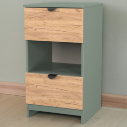 Crowndale Bora 2 Drawer Single Shelf Gold Oak and Reed Green Bedside Cabinet - Wilko