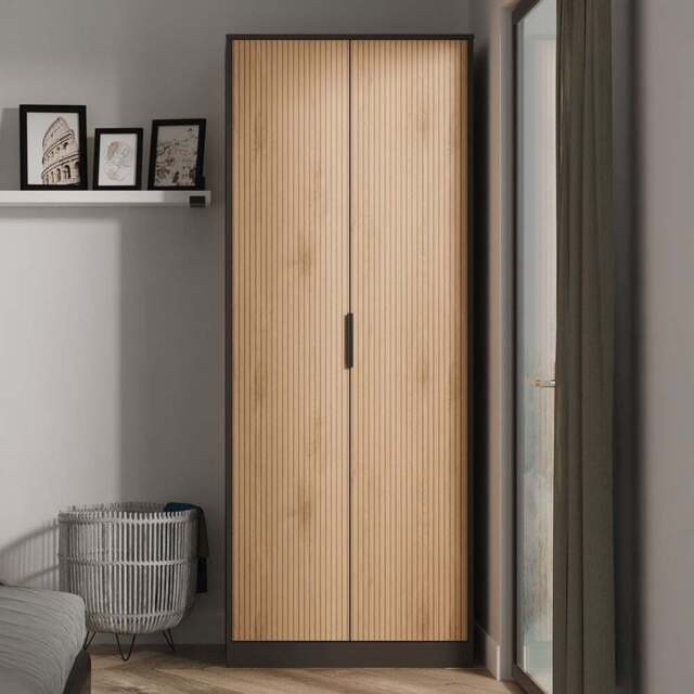 Crowndale Hong Kong 2 Door Slatt Effect and Graphite Tall Wardrobe Ready Assembled - Slatt Effect & Graphite - Wilko - image 1