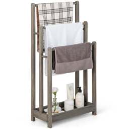 Costway 3 Tier Grey Wood Freestanding Towel Rack with Shelf - Size: 94 x 34 x 6cm - Wilko