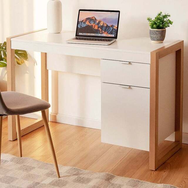 Costway Wooden Computer Desk with Drawer and Cabinet - Size: 119 x 59 x 21cm - White - Wilko