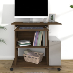 vidaXL 3 Shelf Wheeled Computer Desk with Keyboard Tray Brown Oak - Size: 75 x 80 x 50cm - Wilko