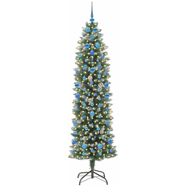 vidaXL Pre-Lit Warm White LED and Blue Baubles Green Slim Artificial Christmas Tree 6.8ft - Wilko - image 1