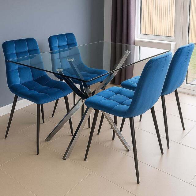 Kosy Koala 4 Seater Glass Rectangle Dining Set Blue Velvet - Multi - Wilko - image 1