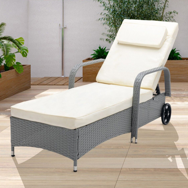 Grey Rattan Reclining Sun Lounger with Wheels - Size: 103 x 59 x 196cm - MCC - Wilko - image 1