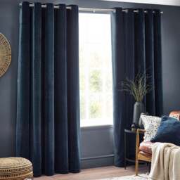 Yard Navy Heavy Chenille Velvet Eyelet Curtain 229 x 137cm - Size: W 137 x D 229cm - Blue - Yard Living - Wilko