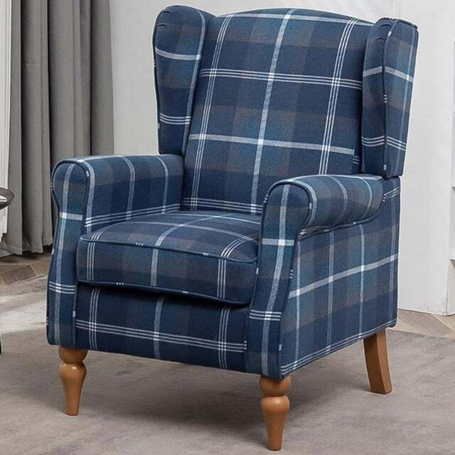 Furniture One Blue Check Fabric Wing Back Fireside Armchair - Size: Single - Wilko - image 1
