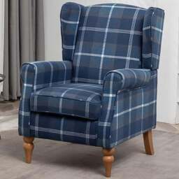 Furniture One Blue Check Fabric Wing Back Fireside Armchair - Size: Single - Wilko