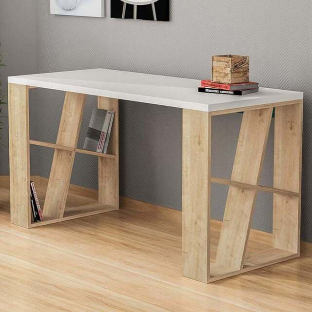 Decortie Honey 8 Shelf Modern Desk with Bookcase White and Oak - Size: 75 x 137 x 60cm - Multi - Wilko - image 1