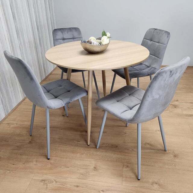Portland 4 Seater Velvet Round Dining Set Wood Effect and Grey - Wilko - image 1