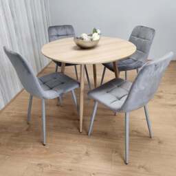 Portland 4 Seater Velvet Round Dining Set Wood Effect and Grey - Wilko