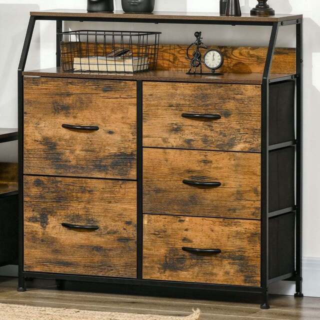 HOMCOM 5 Drawer Rustic Brown Fabric Chest of Drawers - Size: 6 Drawer - Wilko - image 1