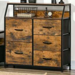 HOMCOM 5 Drawer Rustic Brown Fabric Chest of Drawers - Size: 6 Drawer - Wilko