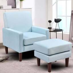 Brooklyn Blue Plush Velvet Armchair with Footstool - Size: Single - Wilko