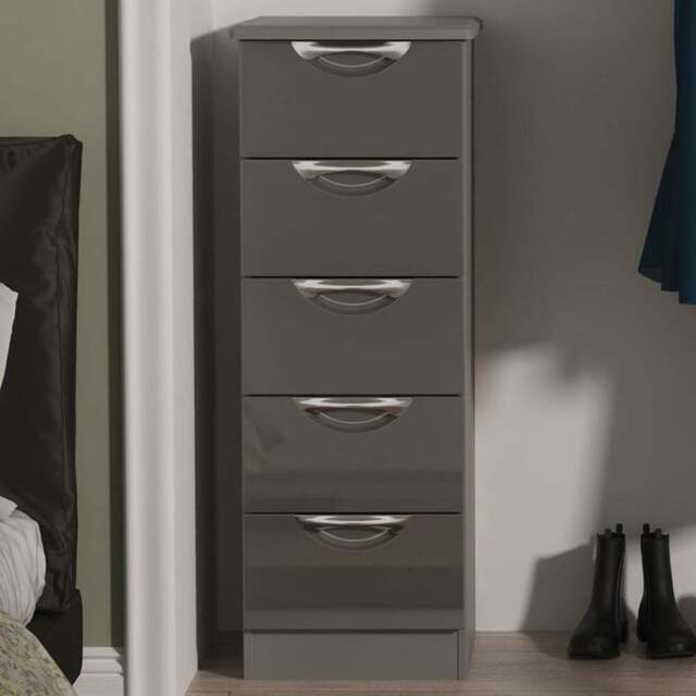 Crowndale Camden 5 Drawer Grey Gloss and Dusk Grey Tall Bedside Cabinet Ready Assembled - Grey Gloss & Dusk Grey - Wilko - image 1