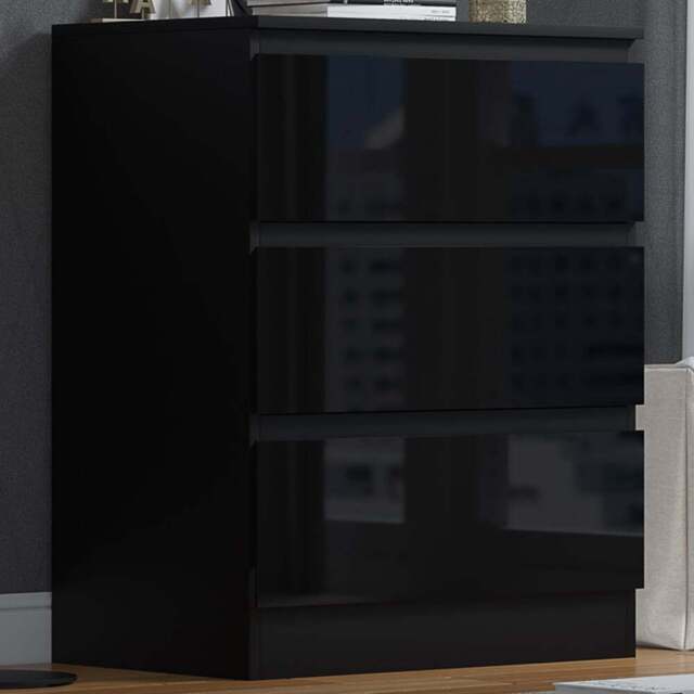 FWStyle Stora 3 Drawer Black Gloss Chest Of Drawers - Wilko