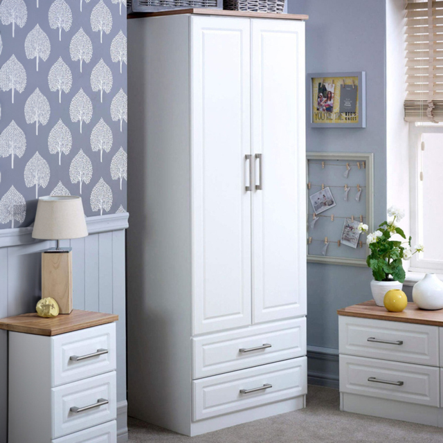Crowndale Kent Ready Assembled 2 Door 2 Drawer White Ash and Modern Oak Wardrobe - Size: 2 Door, 2 Drawer - Wilko - image 1