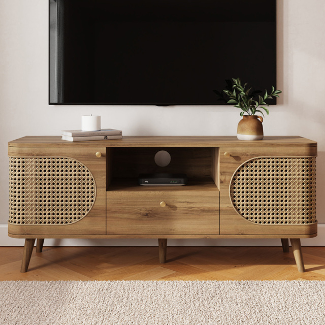 GFW Sorrel 2 Door Single Drawer Single Shelf Oak Rattan TV Unit - Size: 60.5 x 140 x 39cm - Wilko - image 1