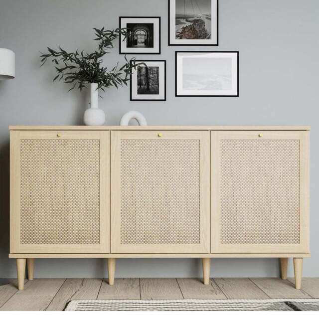 Florence Calasetta 3 Door Light Oak Rattan Sideboard - Size: 41 x 149 x 89cm - Multi - Furniture to Go - Wilko - image 1