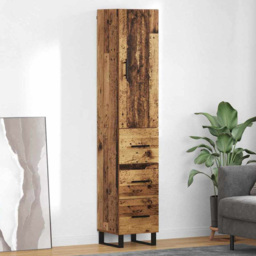 vidaXL Single Door 3 Drawer Old Wood Tall Sideboard with Metal Legs - Size: 180 x 34.5 x 34cm - Brown - Wilko