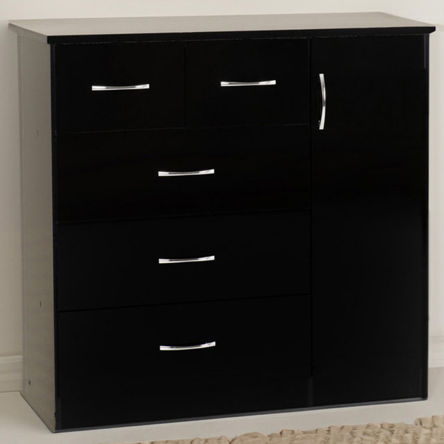 Seconique Nevada 5 Drawer Black Gloss Low Wardrobe - Size: Single Door, 5 Drawer - Wilko - image 1