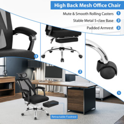 Costway Ergonomic Recliner Mesh Office Chair with Retractable Footrest - Size: 69 x 66 x 34cm - Black - Wilko - thumbnail 7