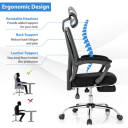 Costway Ergonomic Recliner Mesh Office Chair with Retractable Footrest - Size: 69 x 66 x 34cm - Black - Wilko - thumbnail 5