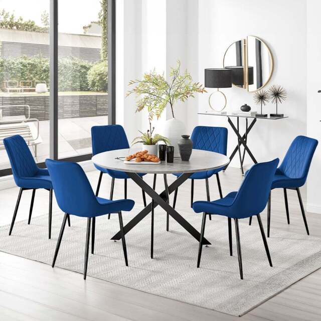 Furniturebox Arona Cesano Concrete Effect 6 Seater Round Dining Set Grey Black and Navy - Blue - Wilko - image 1