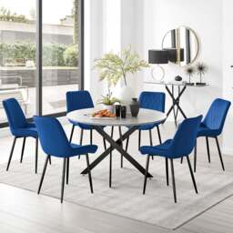Furniturebox Arona Cesano Concrete Effect 6 Seater Round Dining Set Grey Black and Navy - Blue - Wilko - thumbnail 1