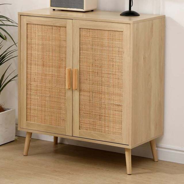 FurnitureHMD 2 Door Wooden and Rattan Weaving Sideboard - Size: 89 x 80 x 40cm - Natural - Wilko - image 1