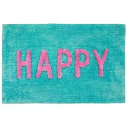 Mooky Mats Colourful Happy Slogan Turquoise and Pink Non Slip Bath Mat 50 x 80cm - Size: 50 x 80 x 1cm - Blue - Wilko