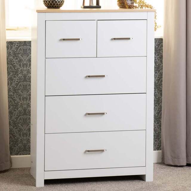 Seconique Portland 5 Drawer White and Oak Effect Chest of Drawers - Wilko - image 1