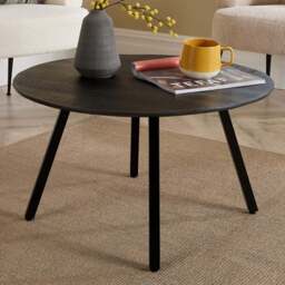 Home Source Caribou Black Mango Wooden Top Round Coffee Table with Iron Legs - Size: 40 x 70 x 70cm - Wilko