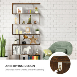 Costway 6 Shelf Brown S Shaped Wooden Industrial Bookshelf - Wilko - thumbnail 7