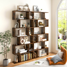 Costway 6 Shelf Brown S Shaped Wooden Industrial Bookshelf - Wilko - thumbnail 5