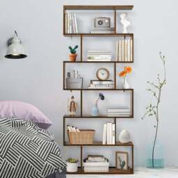 Costway 6 Shelf Brown S Shaped Wooden Industrial Bookshelf - Wilko