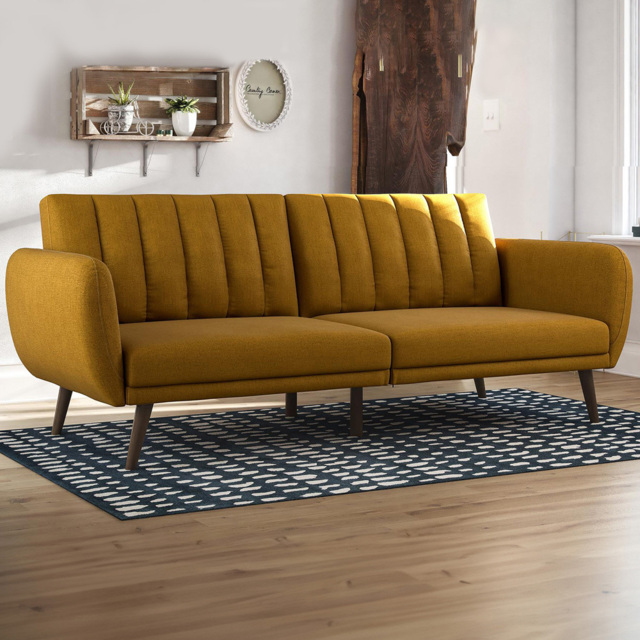 Novogratz Brittany 3 Seater Mustard Linen Sofa Bed with Wooden Legs - Wilko - image 1