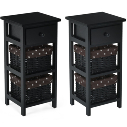 Costway Single Drawer 2 Shelf with Woven Basket Black Bedside Table Set of 2 - Size: 3 Drawer - Wilko - thumbnail 3