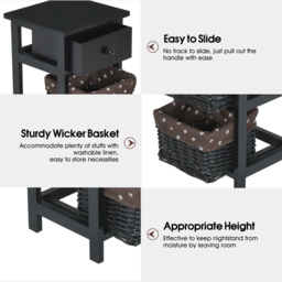 Costway Single Drawer 2 Shelf with Woven Basket Black Bedside Table Set of 2 - Size: 3 Drawer - Wilko - thumbnail 7