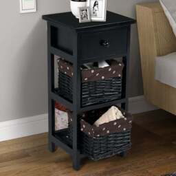 Costway Single Drawer 2 Shelf with Woven Basket Black Bedside Table Set of 2 - Size: 3 Drawer - Wilko