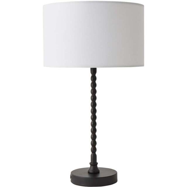 ValueLights Maeve White and Matte Black Fabric Drum Shade Bobbin Bobble Table Lamp and Bulb - Size: 37.3 x 25 x 25cm - Wilko - image 1