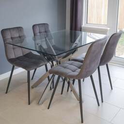 Kosy Koala 4 Seater Glass Rectangle Dining Set Grey Velvet - Multi - Wilko - thumbnail 1