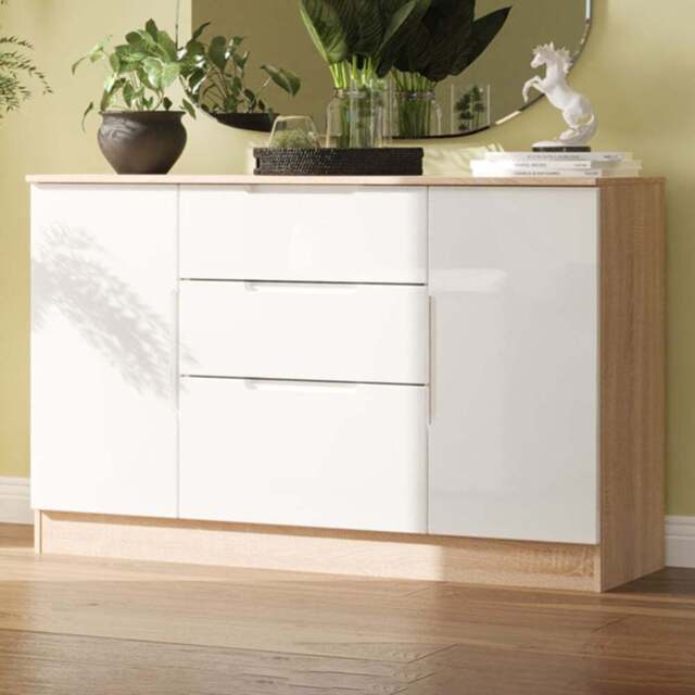 Crowndale Milan 2 Door 3 Drawer White Gloss and Bardolino Oak Sideboard Ready Assembled - Size: 79 x 126 x 39cm - White Gloss & Bardolino Oak - Wilko - image 1
