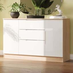 Crowndale Milan 2 Door 3 Drawer White Gloss and Bardolino Oak Sideboard Ready Assembled - Size: 79 x 126 x 39cm - White Gloss & Bardolino Oak - Wilko