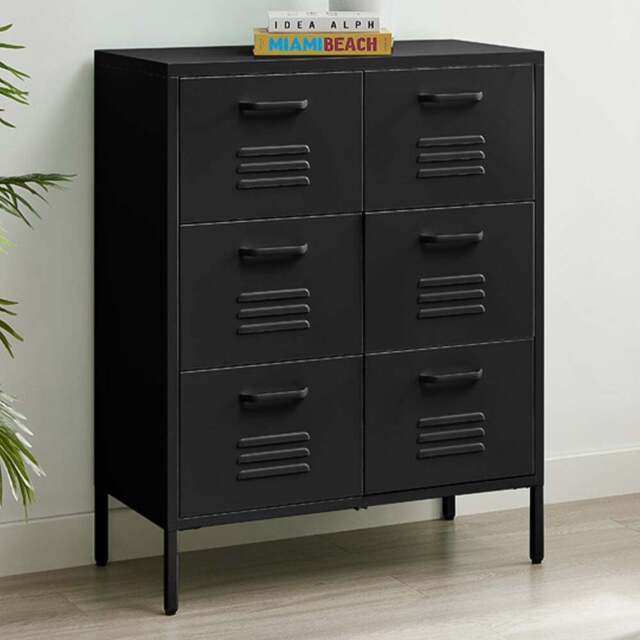 Furniturebox Theo 6 Drawer Black Metal Sideboard - Size: 40 x 80 x 101.5cm - Wilko - image 1
