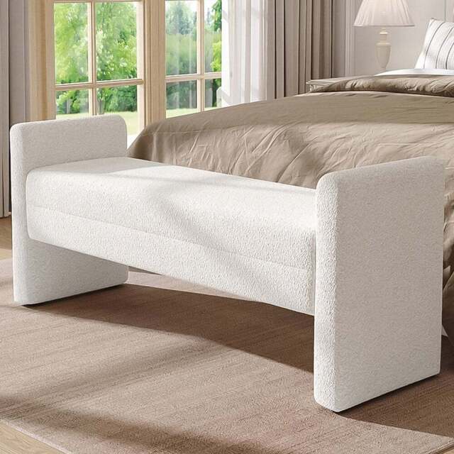 Living and Home White Rectangle Teddy Upholstered H-Shaped Bench - Size: 55.5 x 130 x 40cm - Wilko - image 1