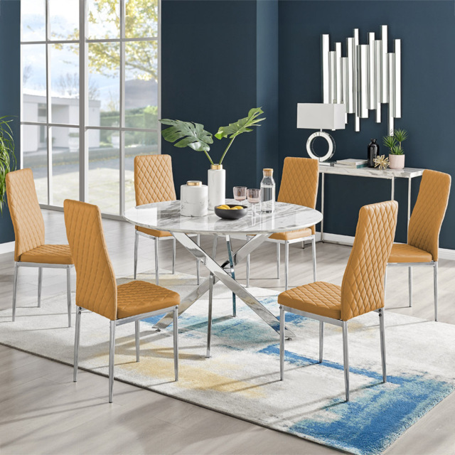 Furniturebox Arona Valera Marble Effect 6 Seater Round Dining Set White Chrome and Mustard - Yellow - Wilko - image 1
