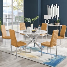 Furniturebox Arona Valera Marble Effect 6 Seater Round Dining Set White Chrome and Mustard - Yellow - Wilko - thumbnail 1