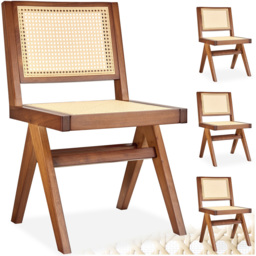 tectake Lizzy Set of 4 Dark Oak Accent Chair with Rattan Backrest - Size: Single - Brown - Wilko - thumbnail 3