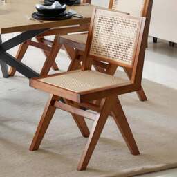 tectake Lizzy Set of 4 Dark Oak Accent Chair with Rattan Backrest - Size: Single - Brown - Wilko - thumbnail 1